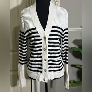 LOFT Black and White Striped Cardigan